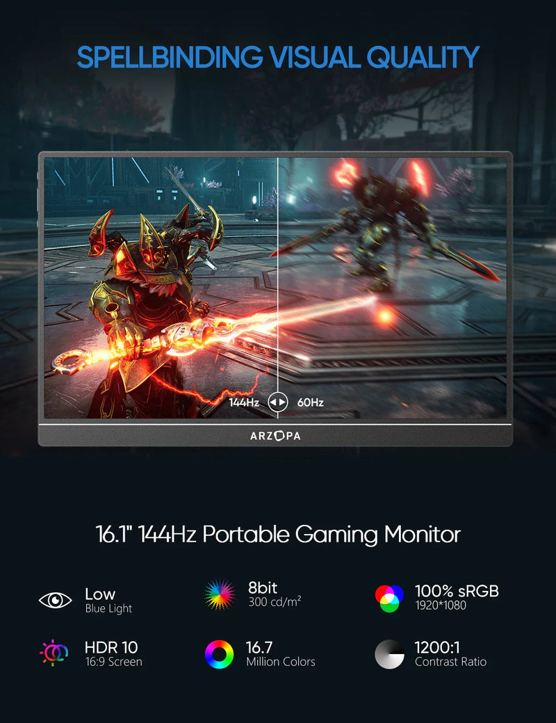 Monitor Gamer Portátil 144hz 1080p - Prático